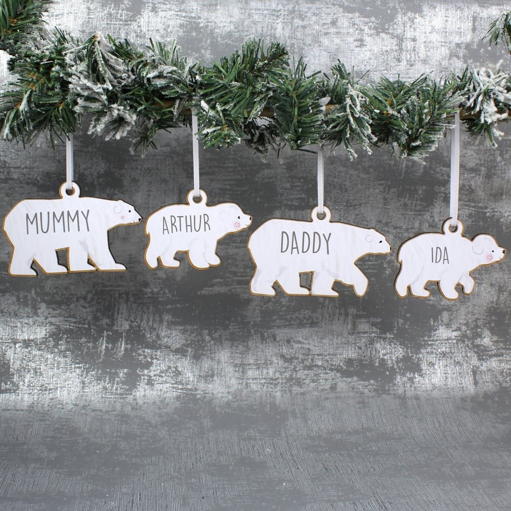 Personalised Set Of Four Polar Bear Family Wooden Hanging Decorations