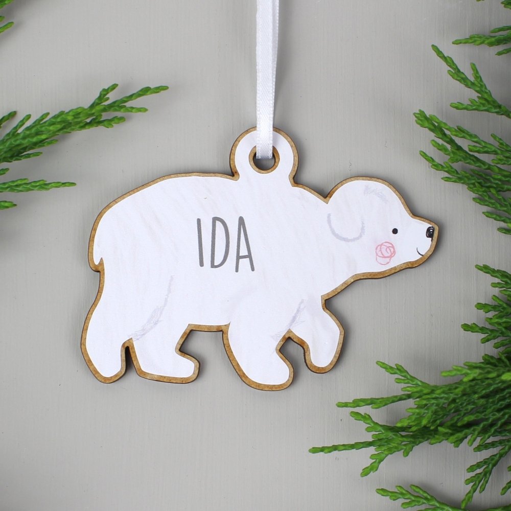 Personalised Set Of Four Polar Bear Family Wooden Hanging Decorations