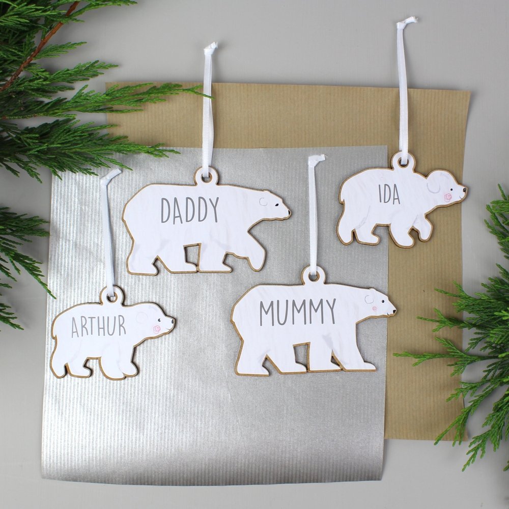 Personalised Set Of Four Polar Bear Family Wooden Hanging Decorations