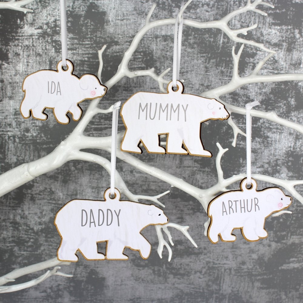 Personalised Set Of Four Polar Bear Family Wooden Hanging Decorations
