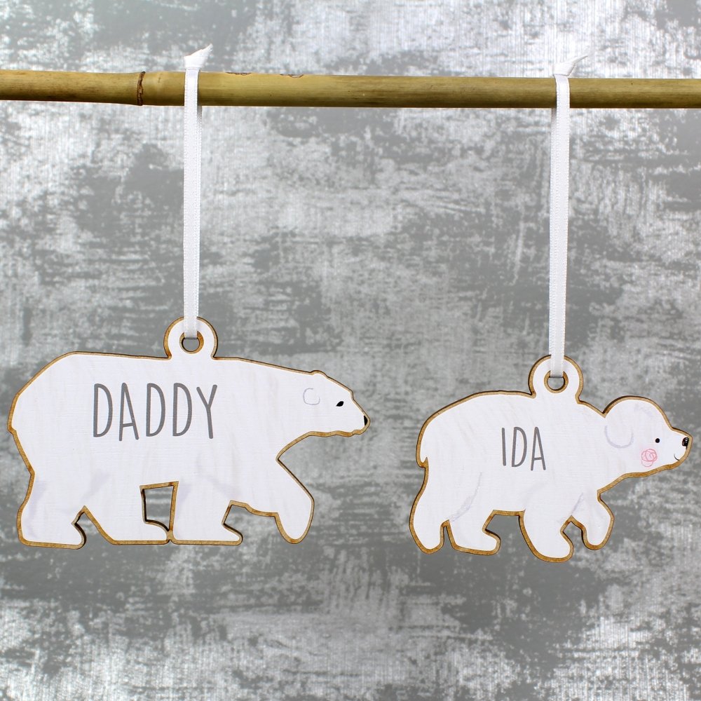 Personalised Set Of Four Polar Bear Family Wooden Hanging Decorations