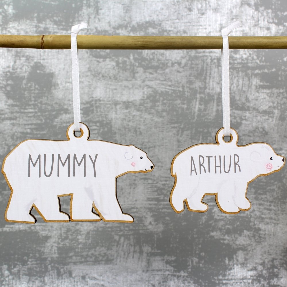 Personalised Set Of Four Polar Bear Family Wooden Hanging Decorations