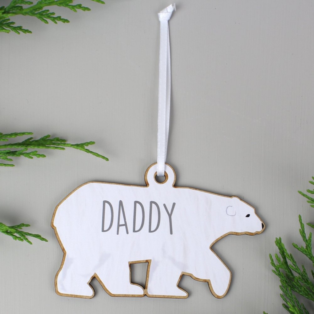Personalised Set Of Four Polar Bear Family Wooden Hanging Decorations