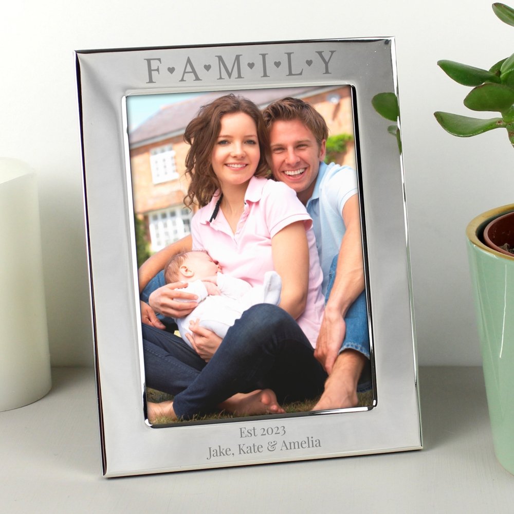 Personalised Silver 5x7 Inch Family & Hearts Photo Frame