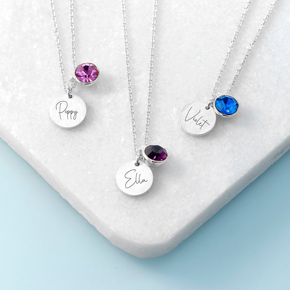 Personalised Silver Birthstone Crystal And Disc Necklace