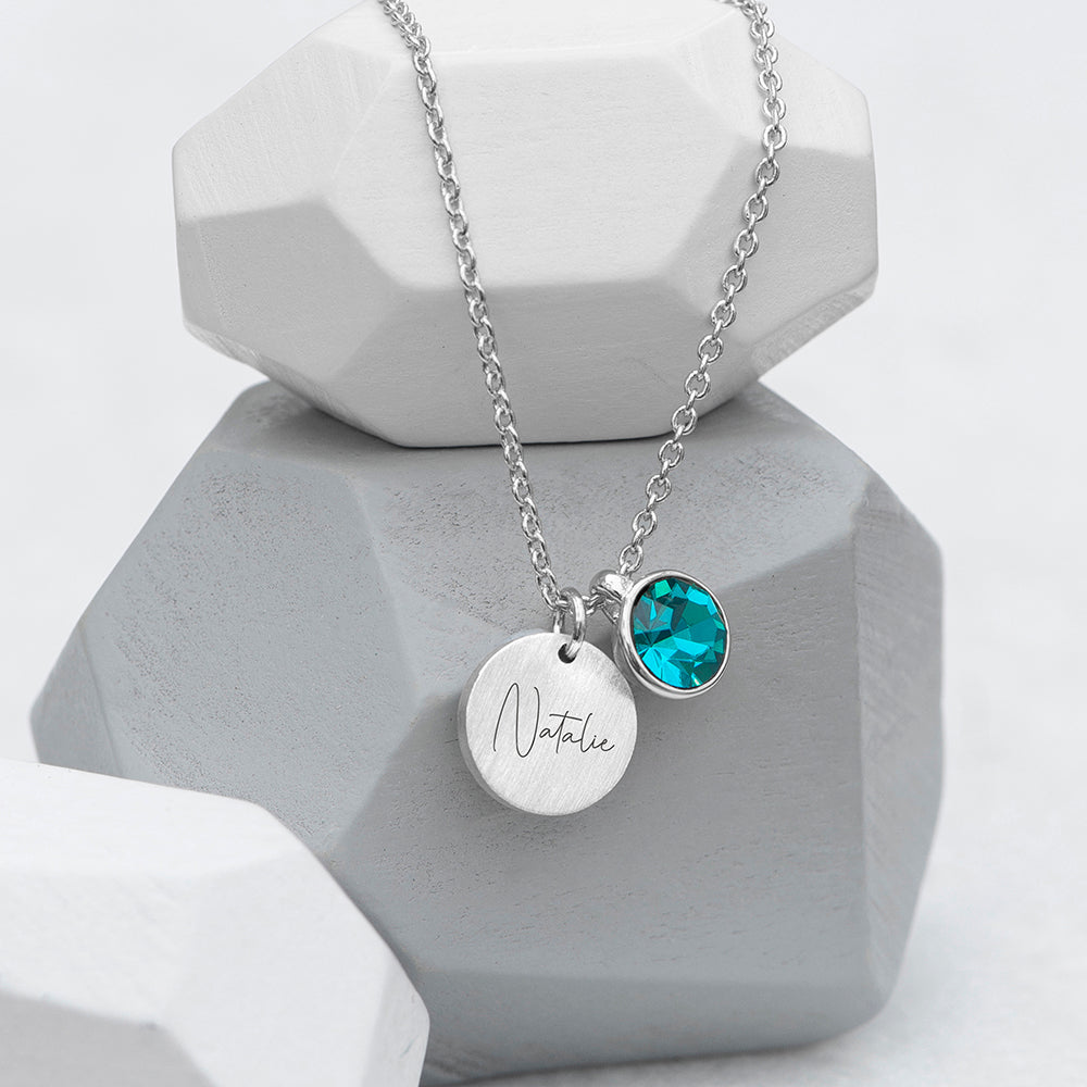 Personalised Personalised Silver Birthstone Crystal and Disc Necklace