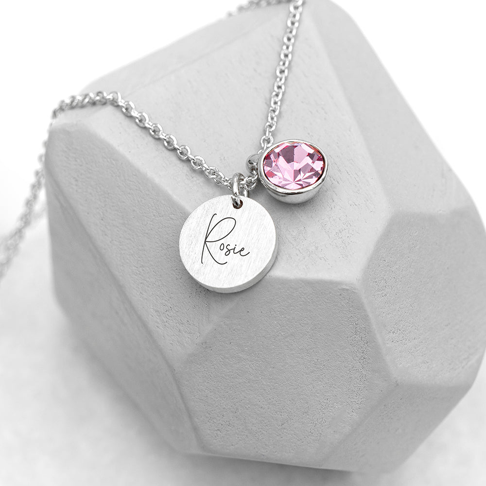 Personalised Personalised Silver Birthstone Crystal and Disc Necklace