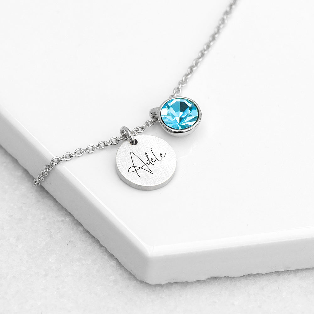 Personalised Personalised Silver Birthstone Crystal and Disc Necklace