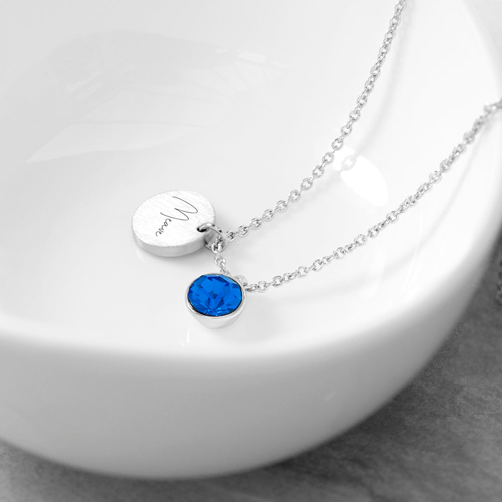 Personalised Personalised Silver Birthstone Crystal and Disc Necklace