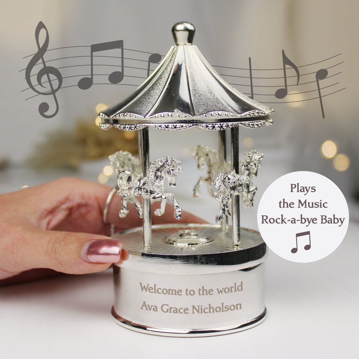 Personalised Silver Musical "Rock-a-Bye Baby" Carousel Ornament For Babies & Young Children