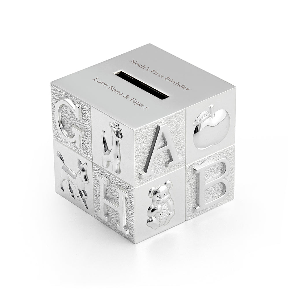 Personalised Silver Plated Abc Money Box