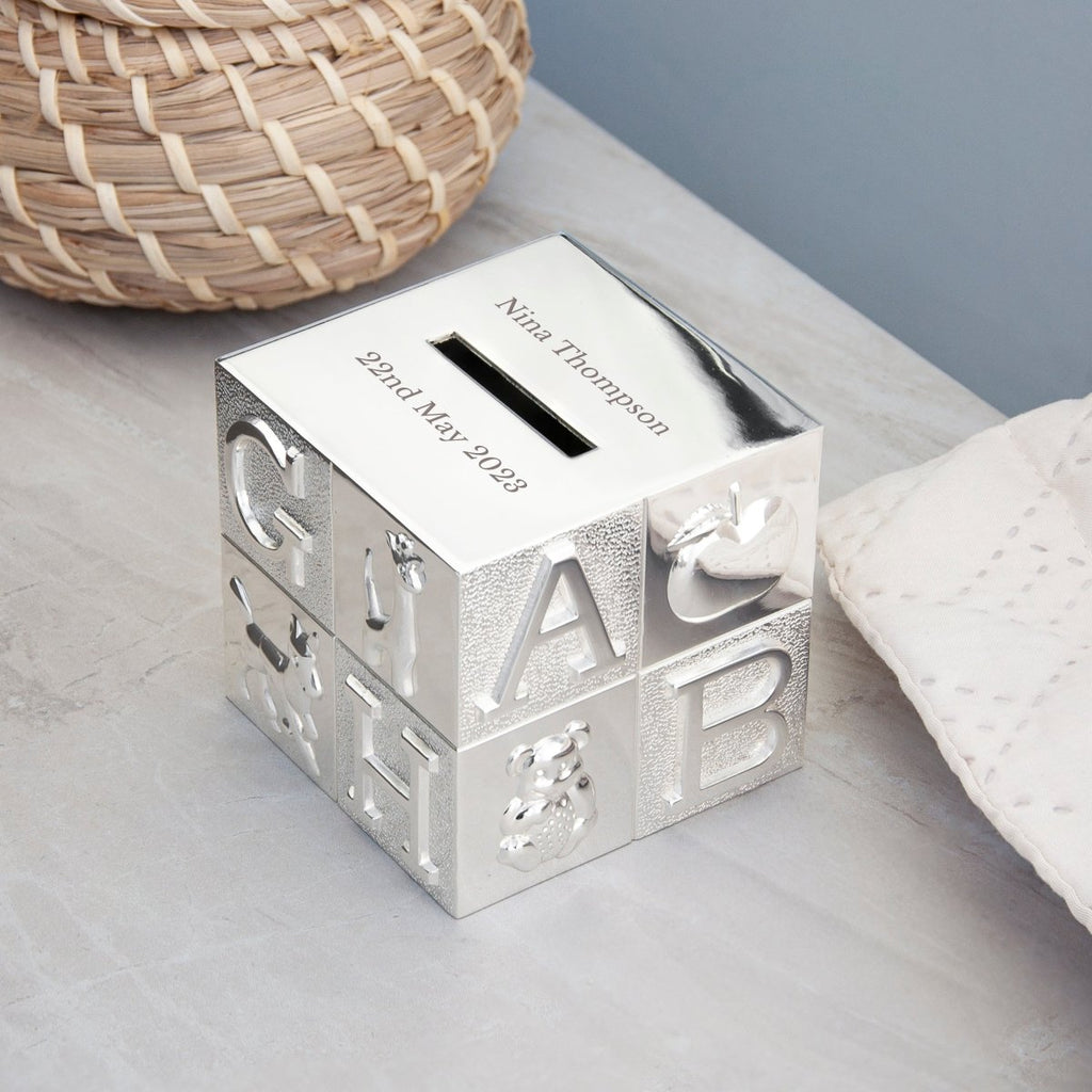 Personalised Silver Plated Abc Money Box