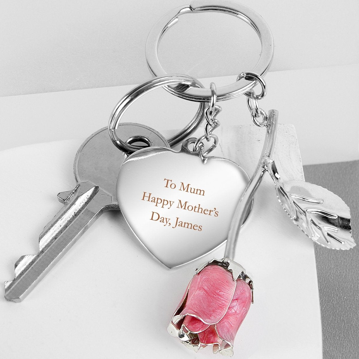 Personalised Silver Plated Pink Rose Keyring