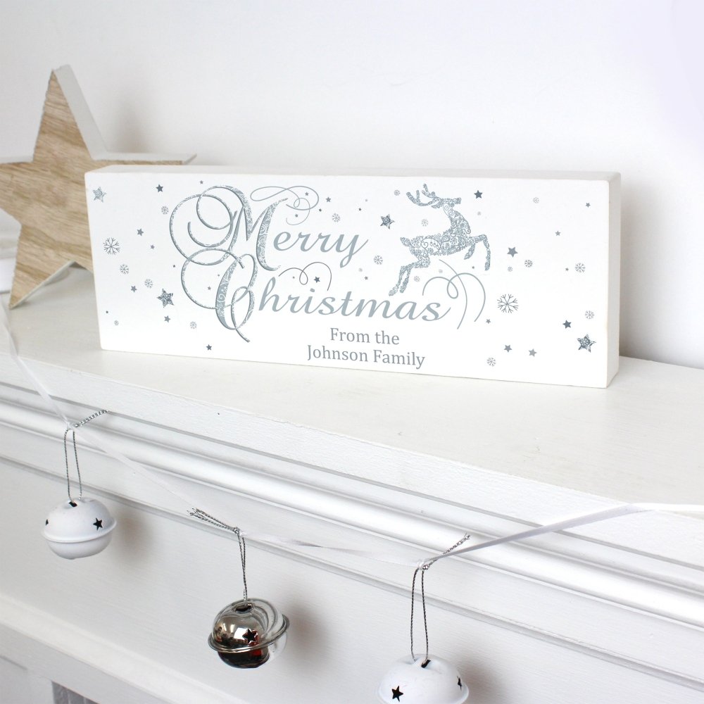 Personalised Silver Reindeer Wooden Block Sign