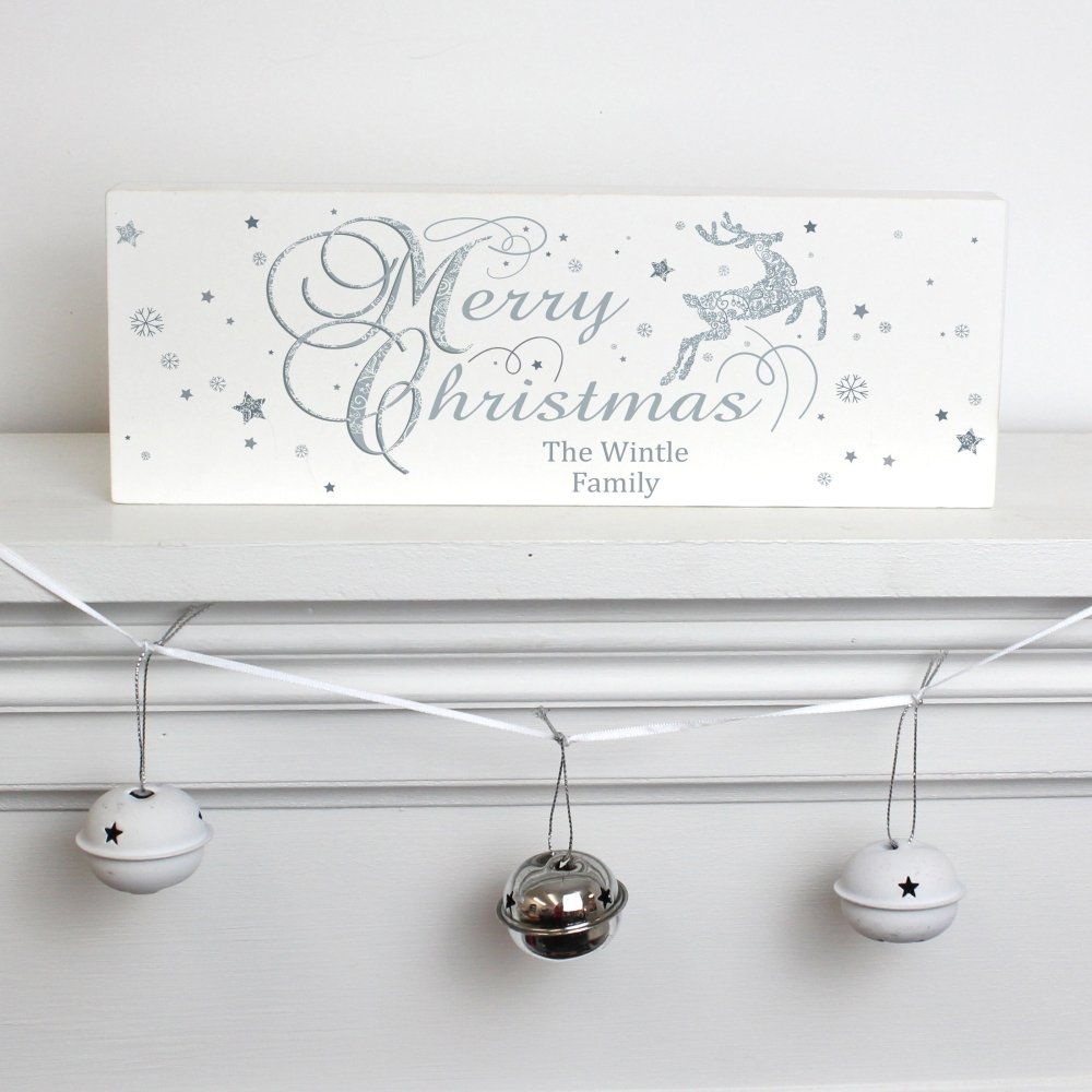 Personalised Silver Reindeer Wooden Block Sign