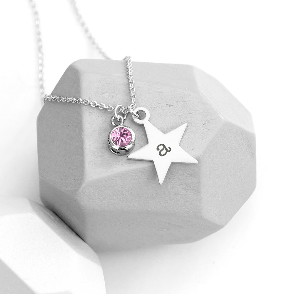 Personalised Personalised Silver Star with Birthstone Crystal Necklace