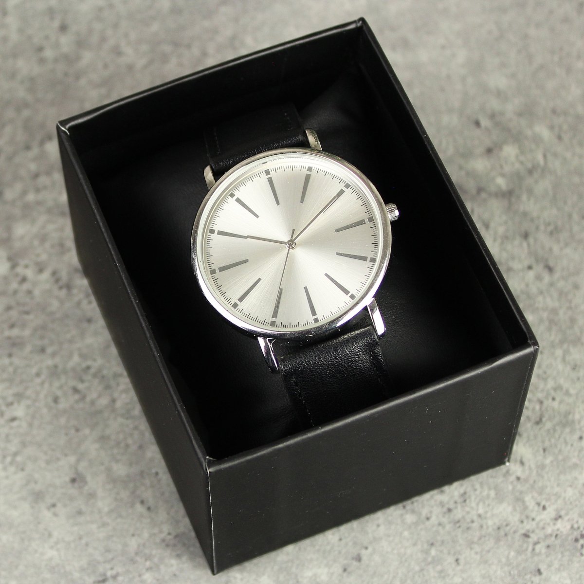Personalised Silver With Black Leather Strap Watch