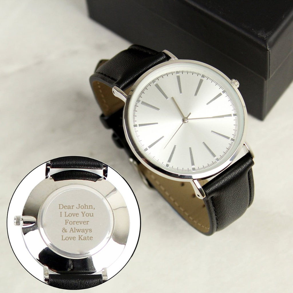 Personalised Silver With Black Leather Strap Watch