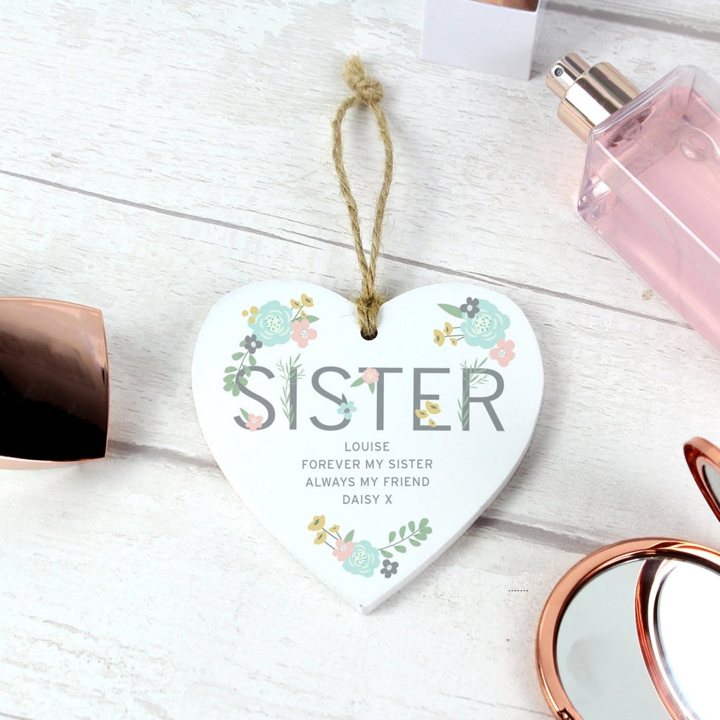 Personalised Sister Floral Wooden Heart Decoration