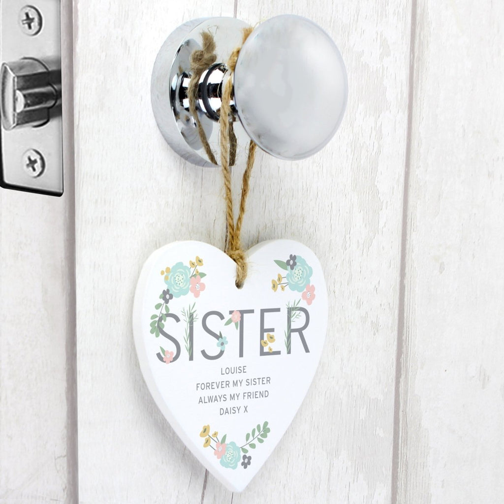 Personalised Sister Floral Wooden Heart Decoration