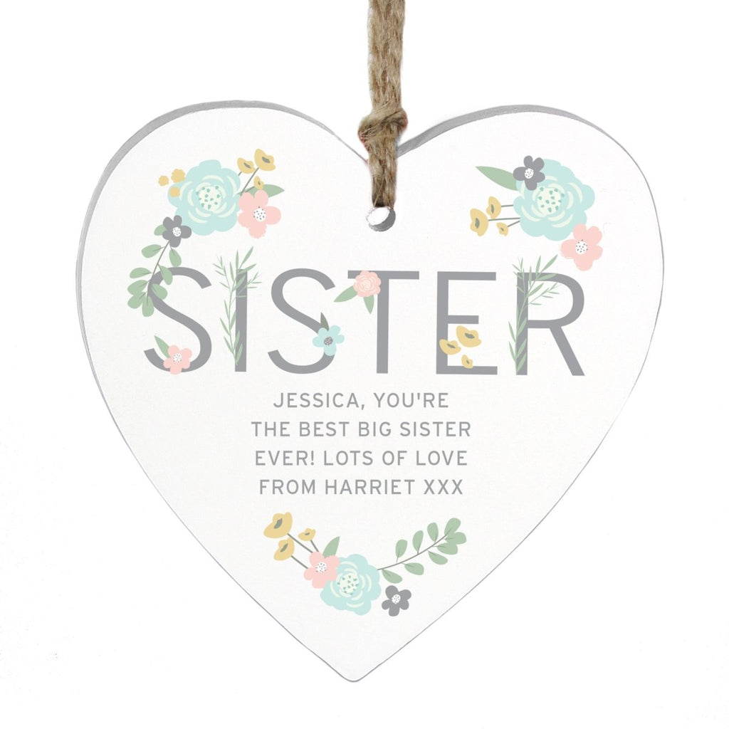 Personalised Sister Floral Wooden Heart Decoration