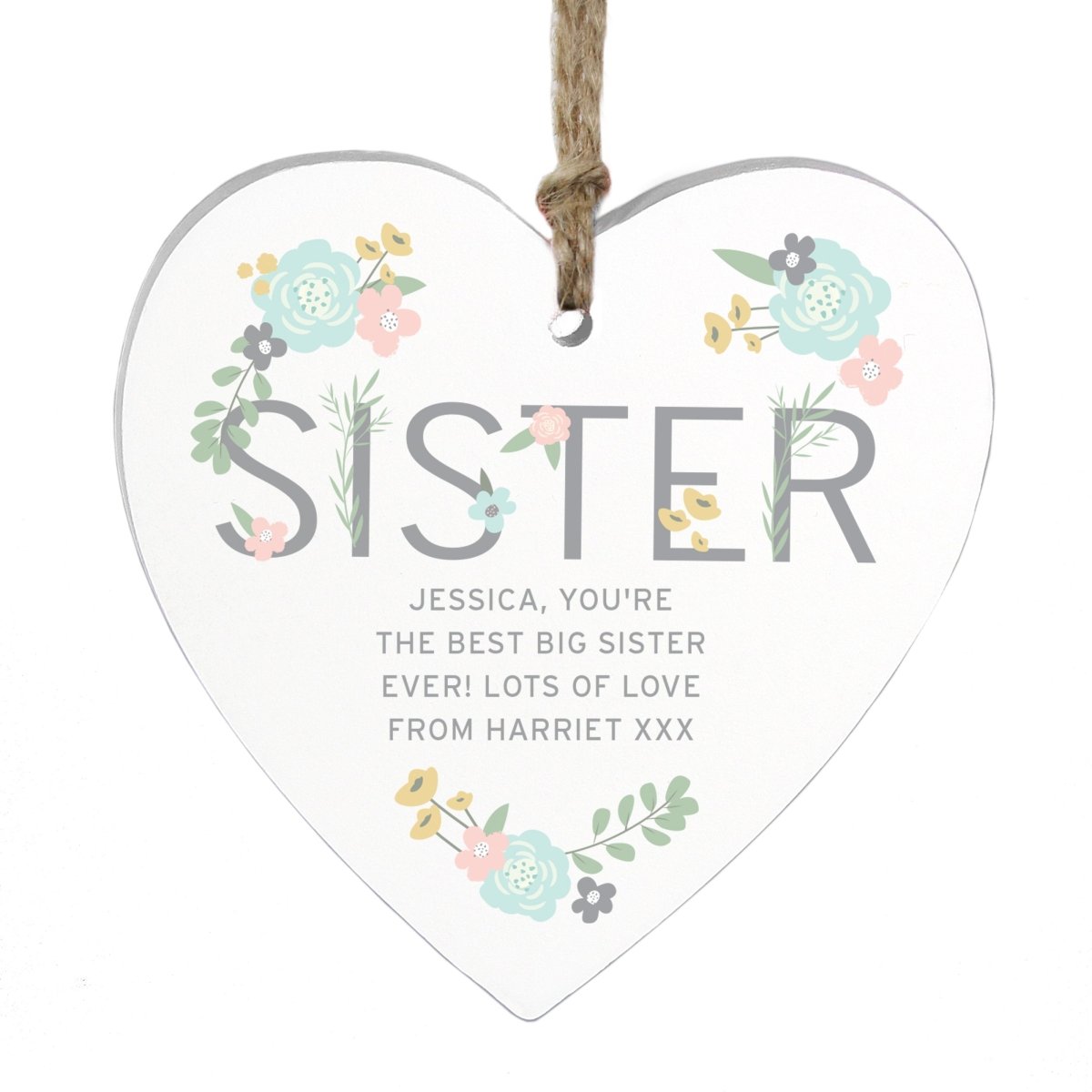 Personalised Sister Floral Wooden Heart Decoration