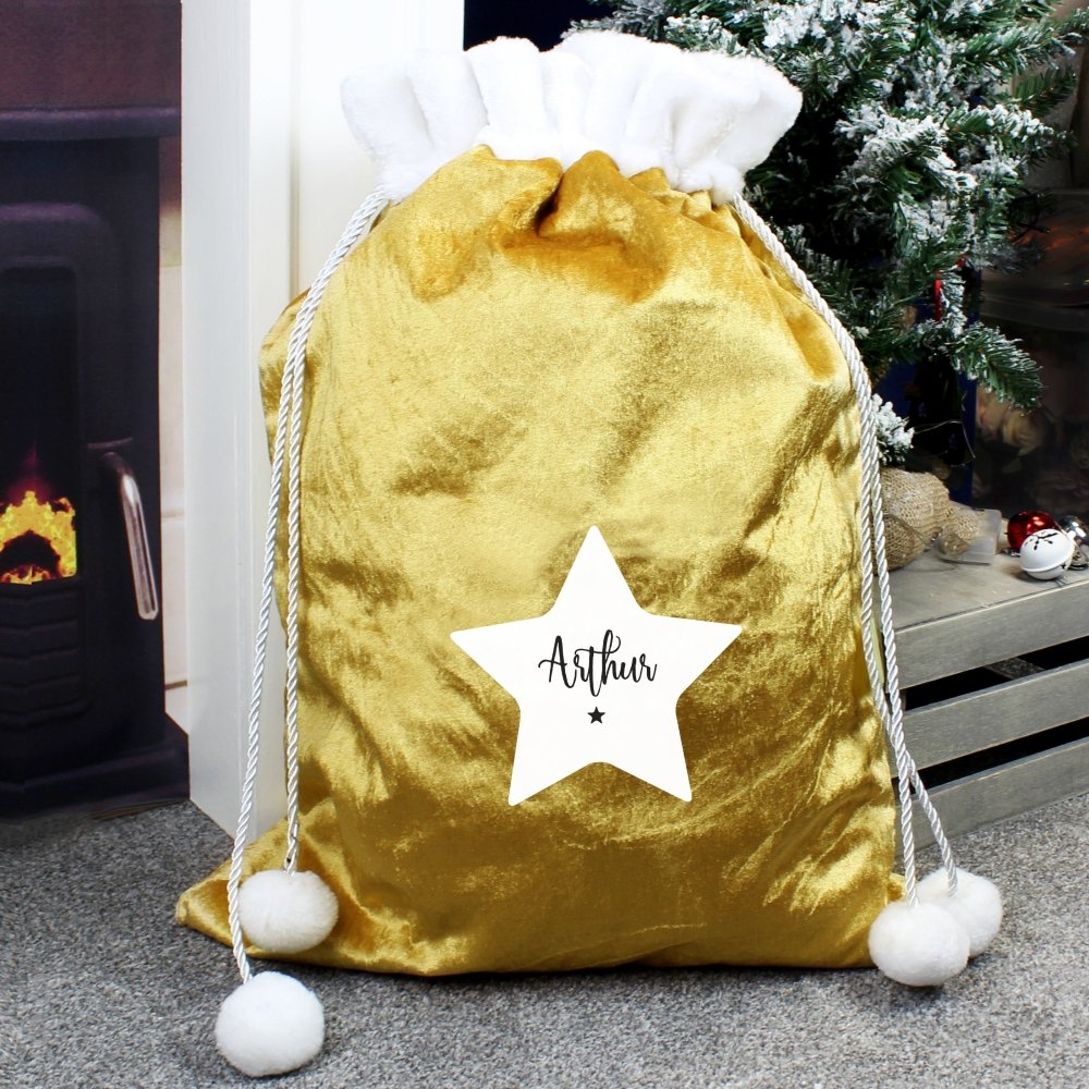 Personalised Star Luxury Pom Pom Gold Children's Christmas Sack
