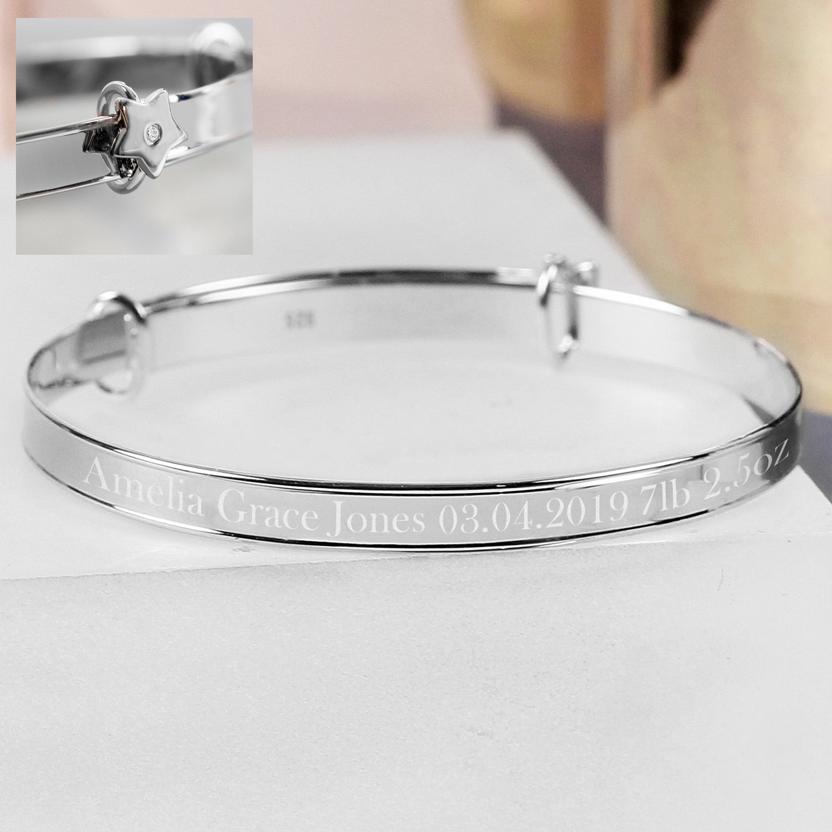 Personalised Sterling Silver Childs Expanding Diamante Star Bracelet -  Ideal For Newborn Babies, Christenings