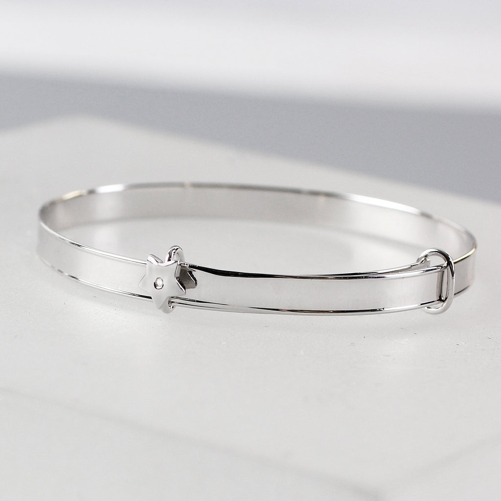 Personalised Sterling Silver Childs Expanding Diamante Star Bracelet -  Ideal For Newborn Babies, Christenings