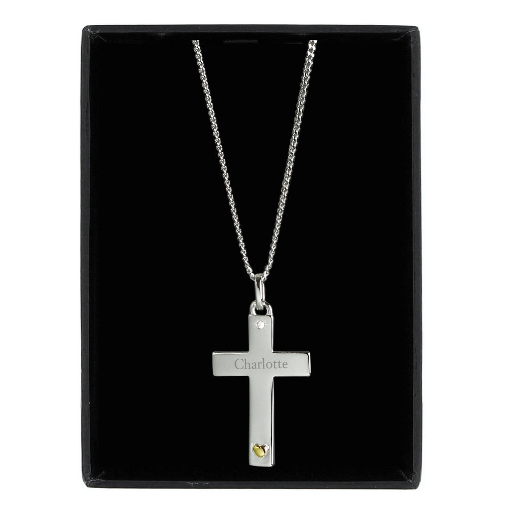 Personalised Sterling Silver Cross With 9Ct Gold Heart & Cz Necklace