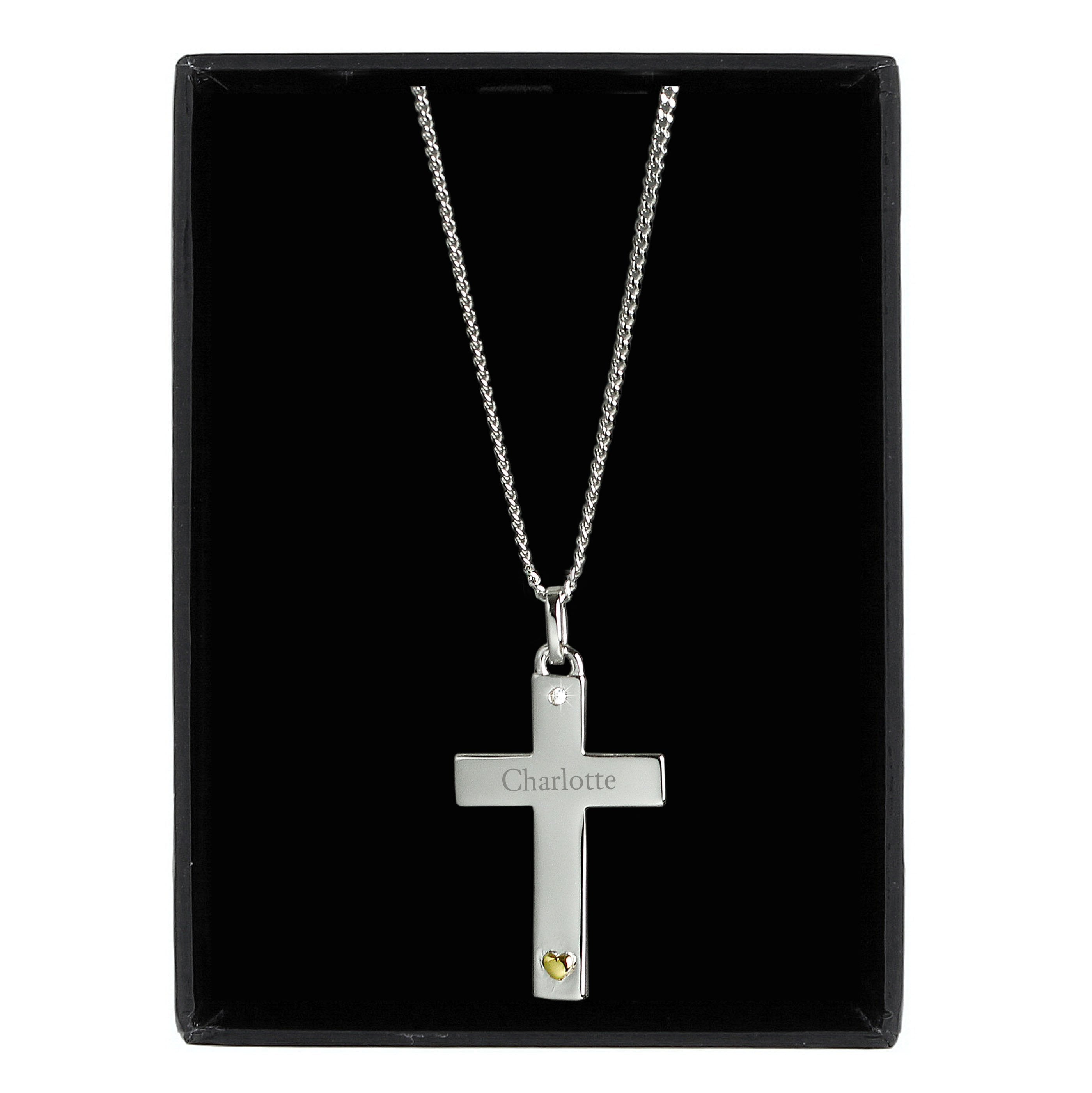 Personalised Sterling Silver Cross With 9Ct Gold Heart & Cz Necklace