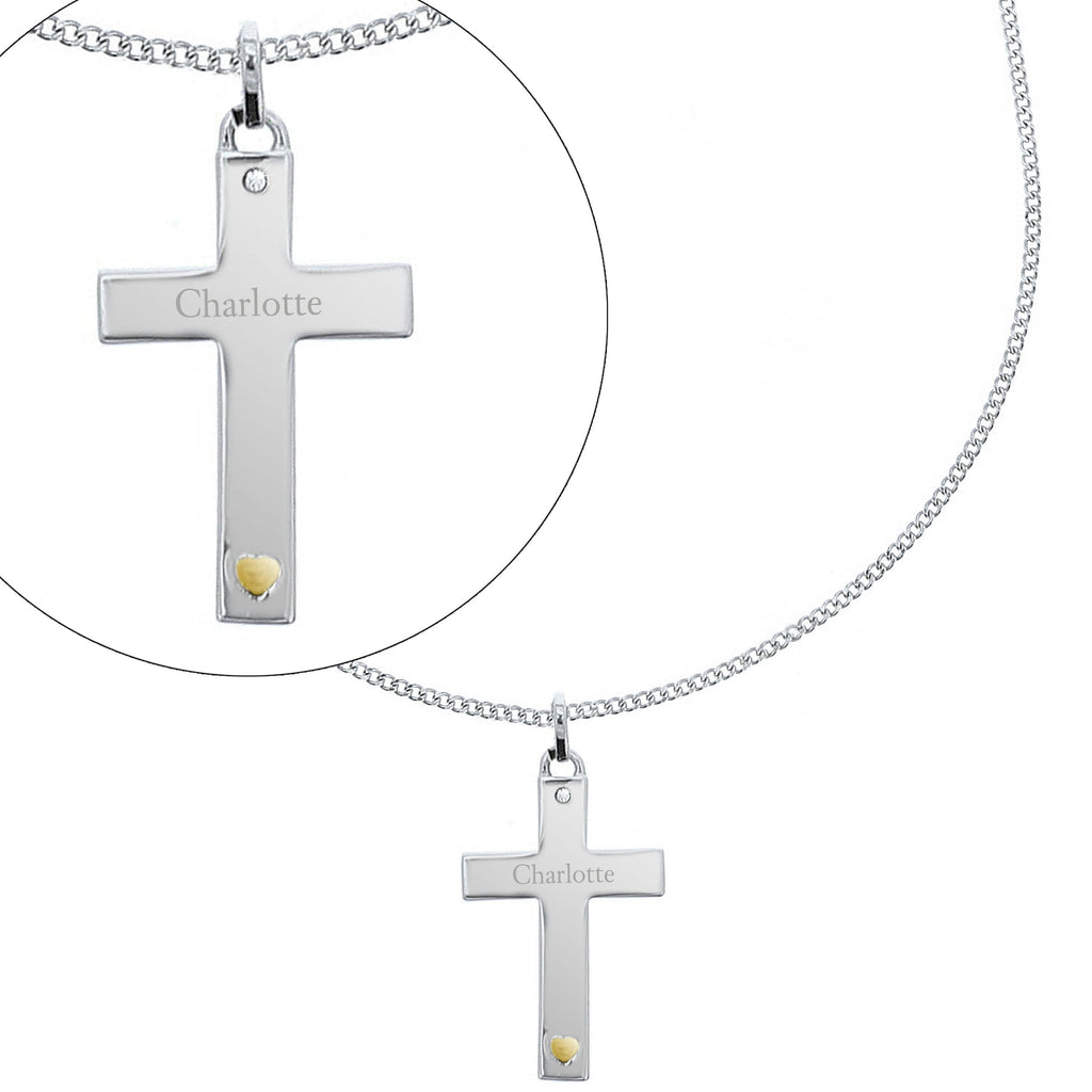 Personalised Sterling Silver Cross With 9Ct Gold Heart & Cz Necklace
