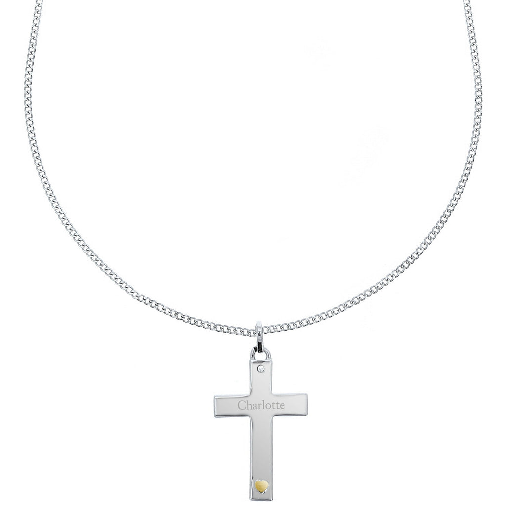 Personalised Sterling Silver Cross With 9Ct Gold Heart & Cz Necklace