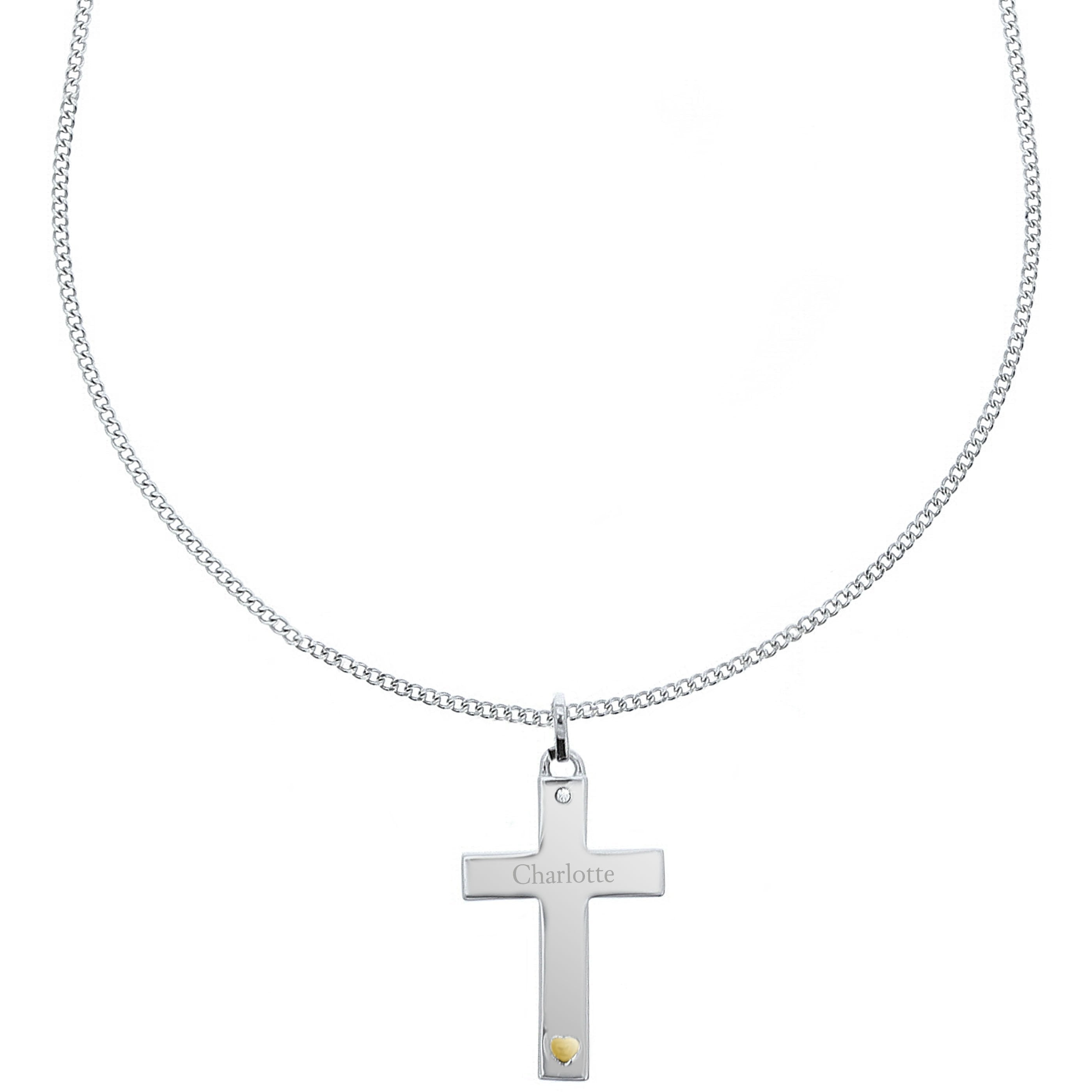 Personalised Sterling Silver Cross With 9Ct Gold Heart & Cz Necklace