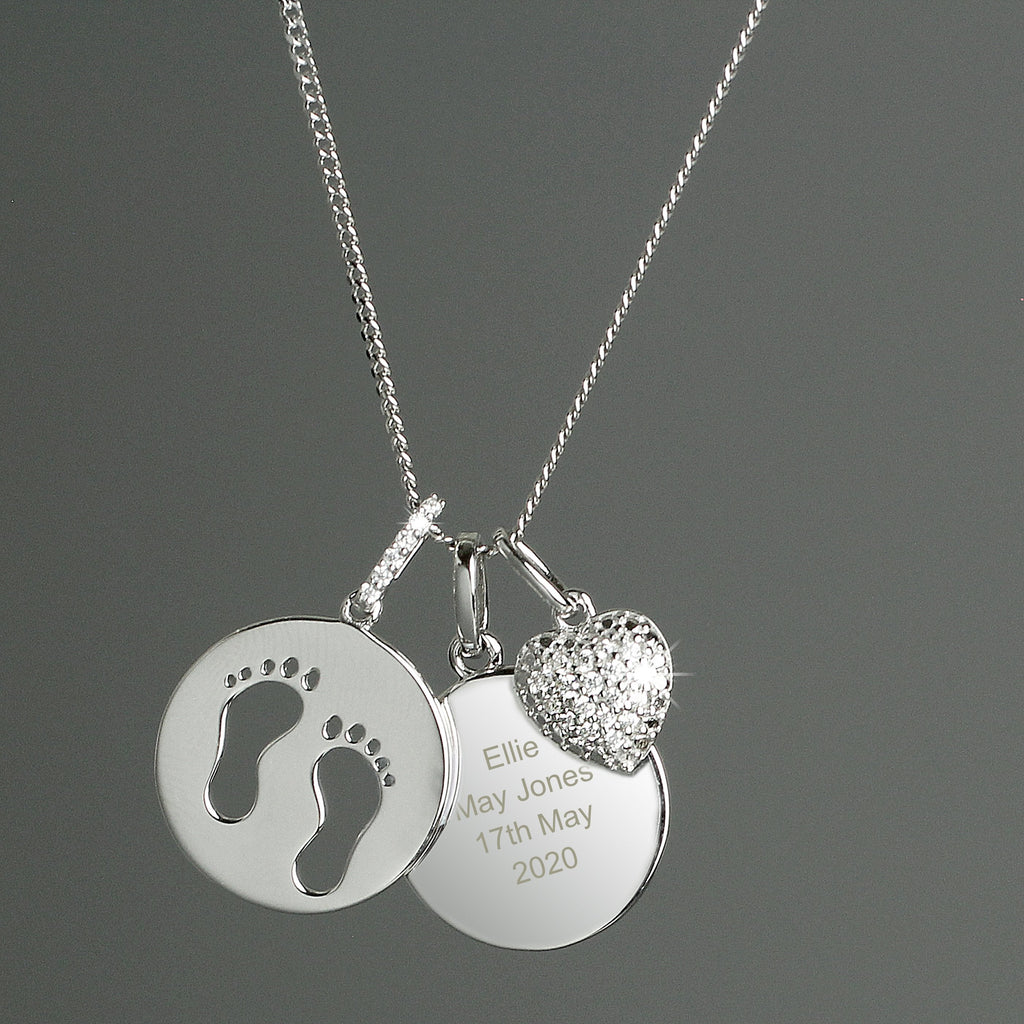 Personalised Sterling Silver Footprints And Cubic Zirconia Heart Necklace
