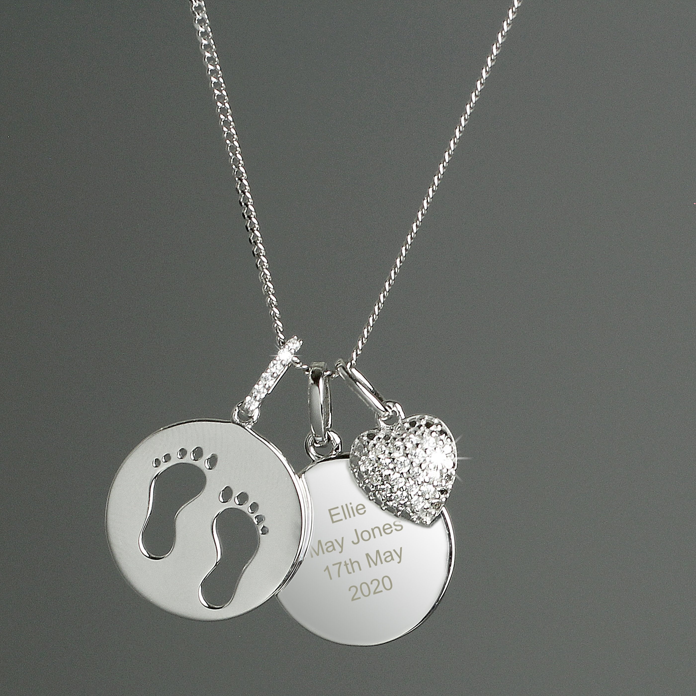 Personalised Sterling Silver Footprints And Cubic Zirconia Heart Necklace