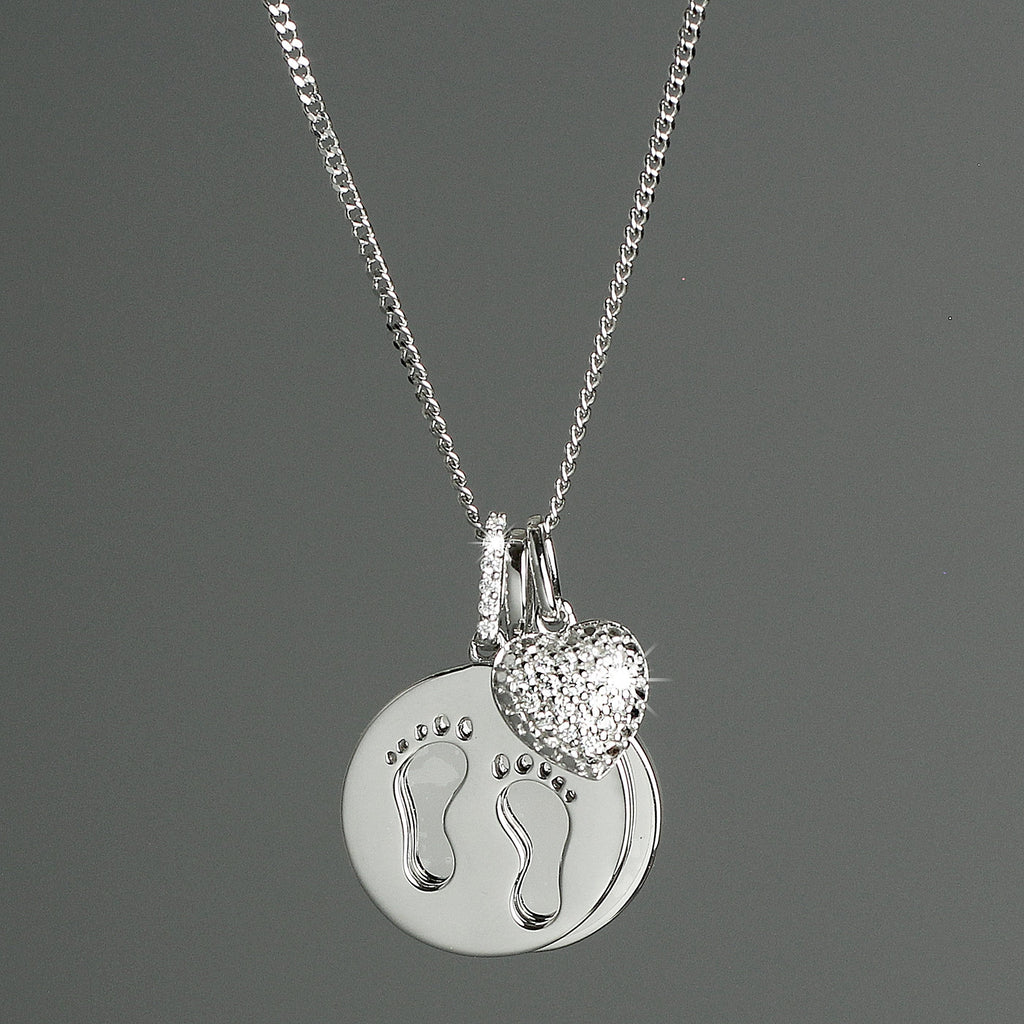 Personalised Sterling Silver Footprints And Cubic Zirconia Heart Necklace