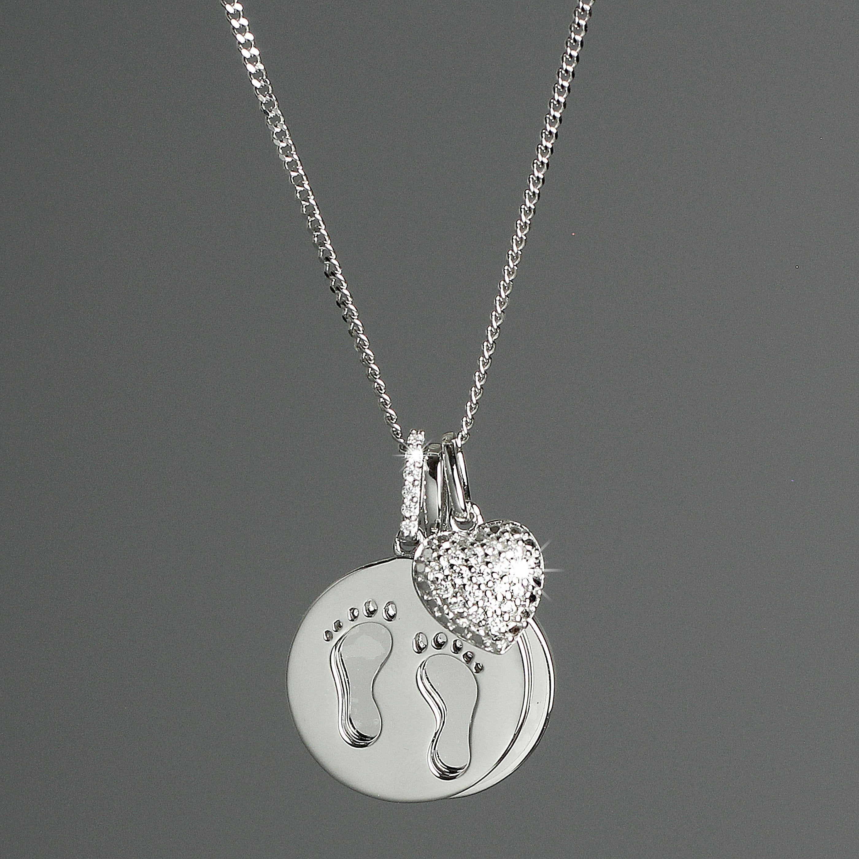 Personalised Sterling Silver Footprints And Cubic Zirconia Heart Necklace