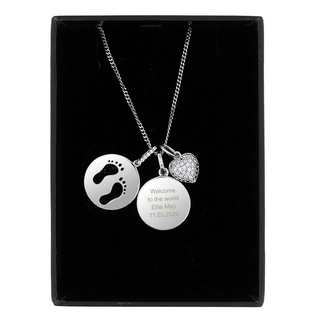 Personalised Sterling Silver Footprints And Cubic Zirconia Heart Necklace