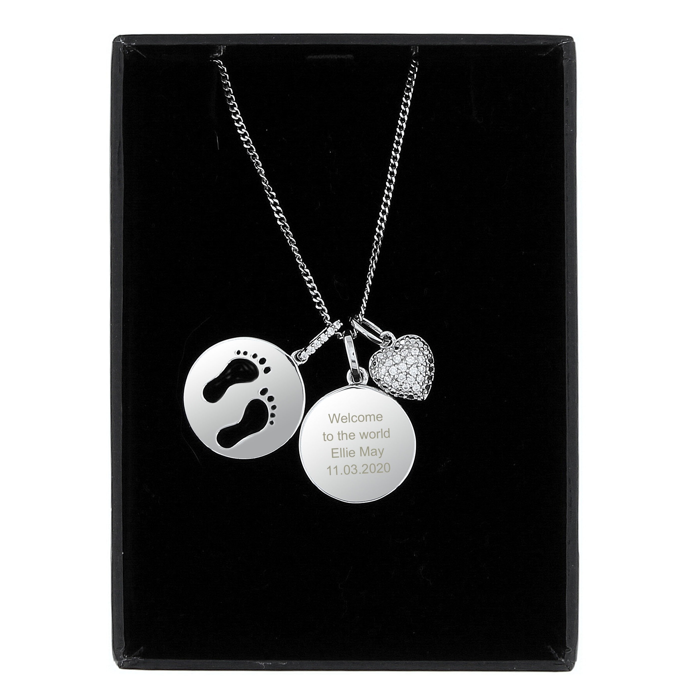 Personalised Sterling Silver Footprints And Cubic Zirconia Heart Necklace