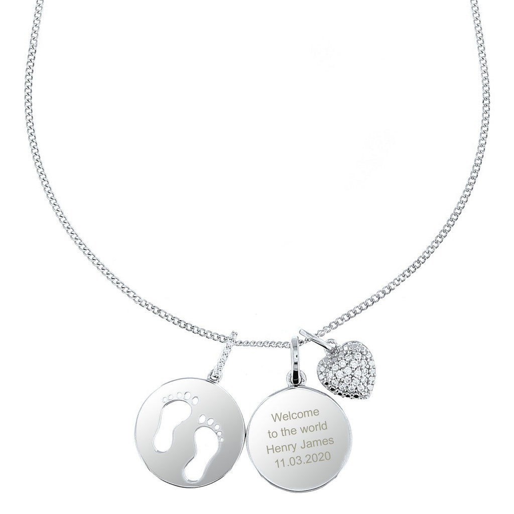 Personalised Sterling Silver Footprints And Cubic Zirconia Heart Necklace