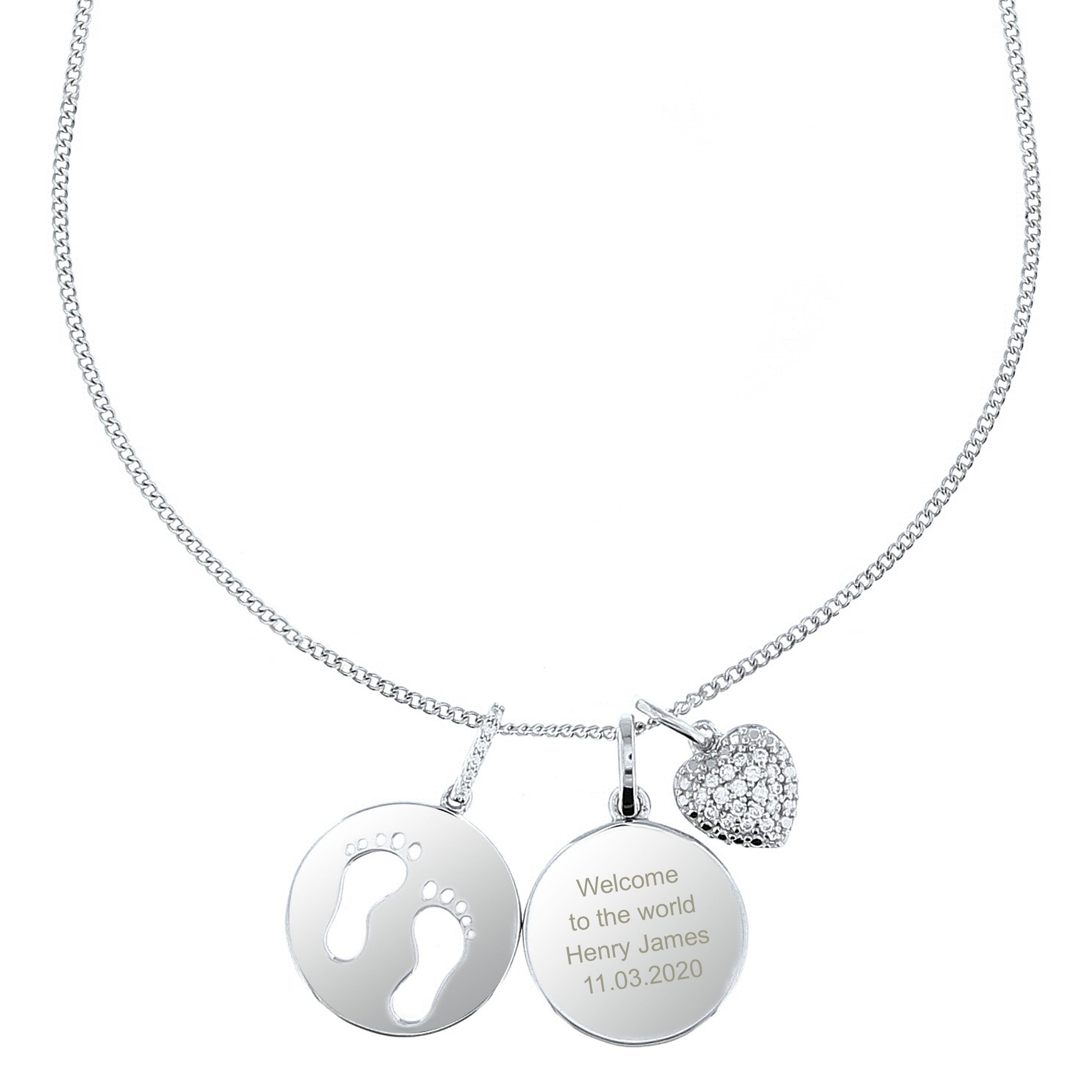 Personalised Sterling Silver Footprints And Cubic Zirconia Heart Necklace