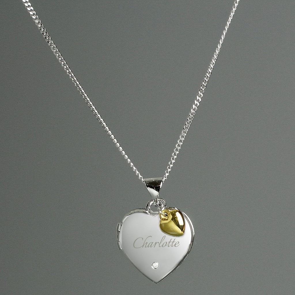 Personalised Sterling Silver Heart Locket Necklace With Diamond And 9Ct Gold Charm