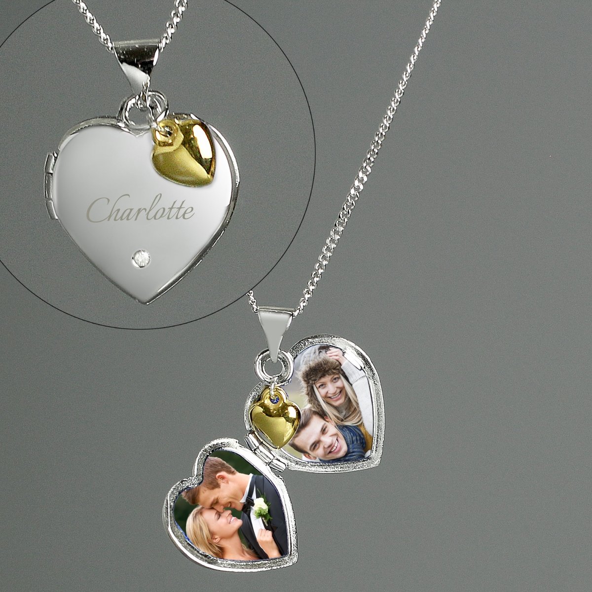 Personalised Sterling Silver Heart Locket Necklace With Diamond And 9Ct Gold Charm