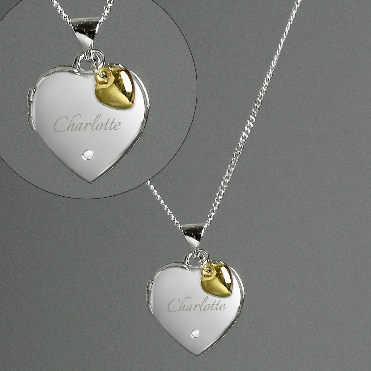 Personalised Sterling Silver Heart Locket Necklace With Diamond And 9Ct Gold Charm