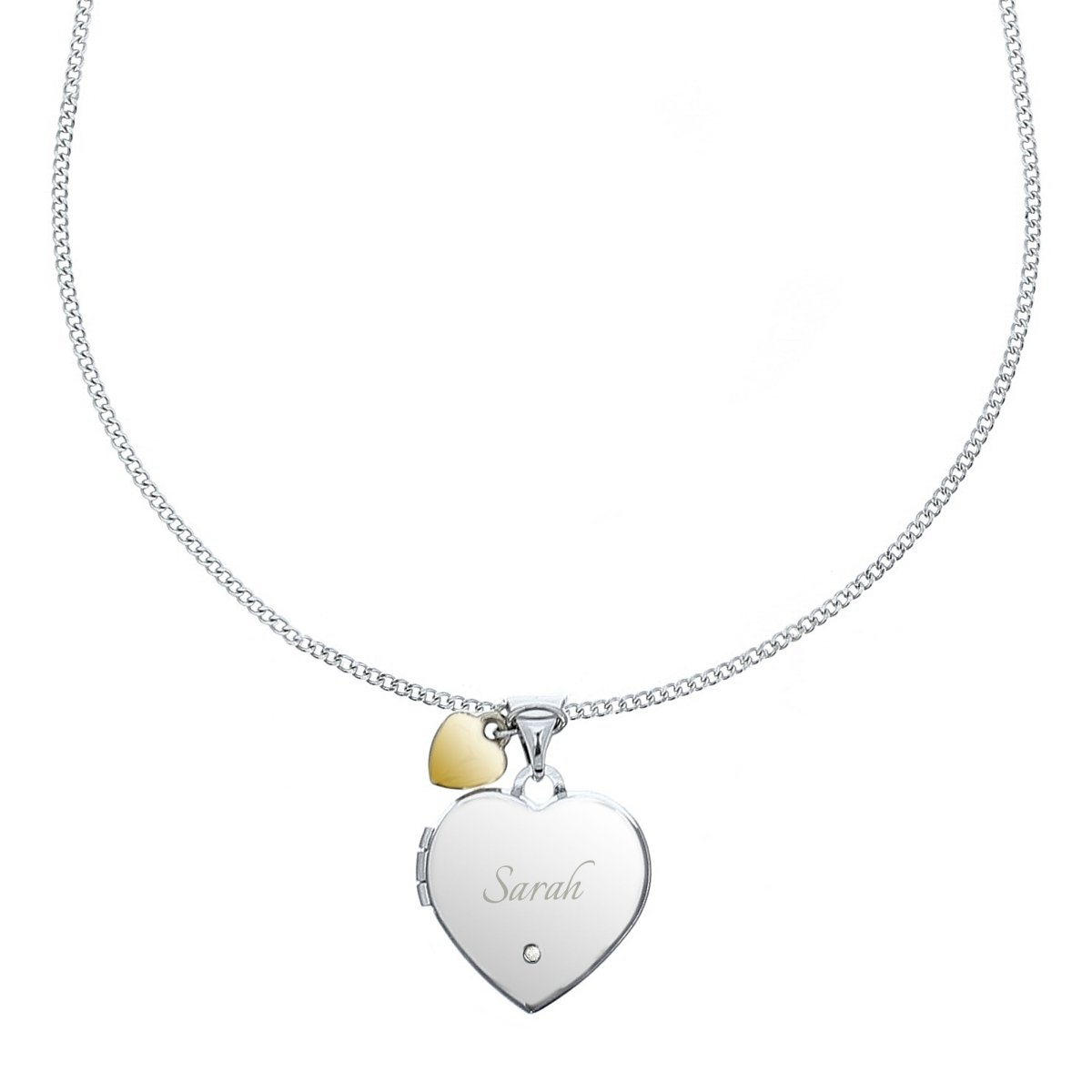 Personalised Sterling Silver Heart Locket Necklace With Diamond And 9Ct Gold Charm