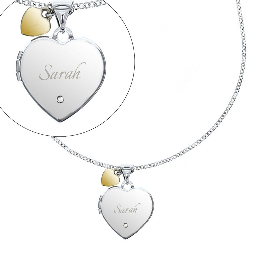 Personalised Sterling Silver Heart Locket Necklace With Diamond And 9Ct Gold Charm