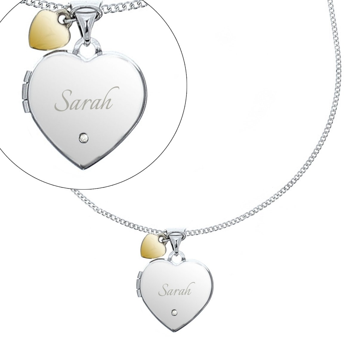 Personalised Sterling Silver Heart Locket Necklace With Diamond And 9Ct Gold Charm