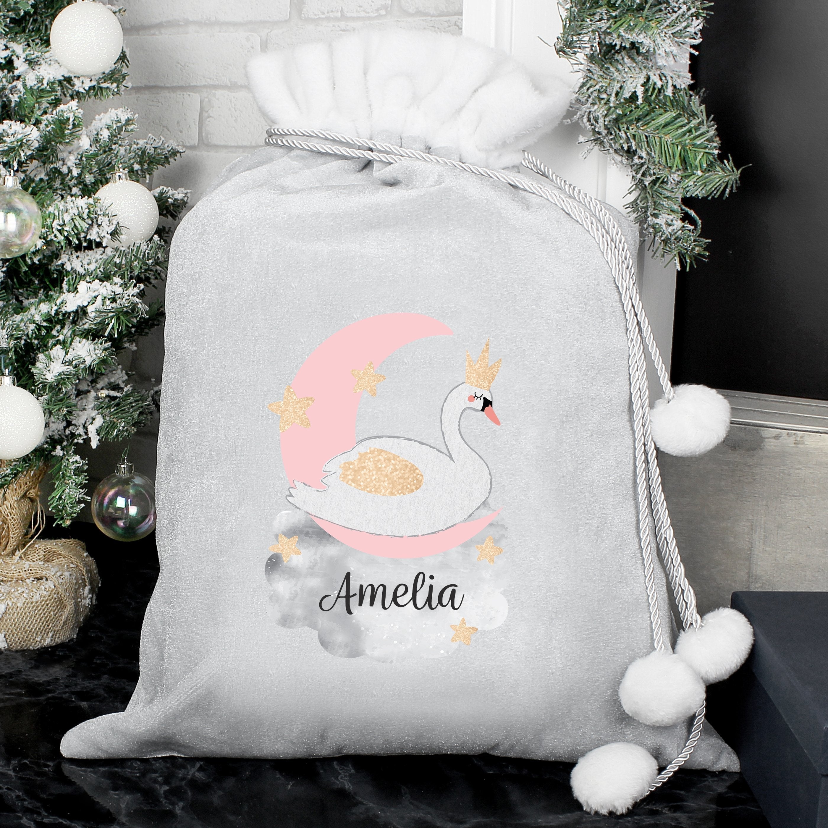 Personalised Swan Lake Luxury Silver Grey Pom Pom Children's Christmas Sack