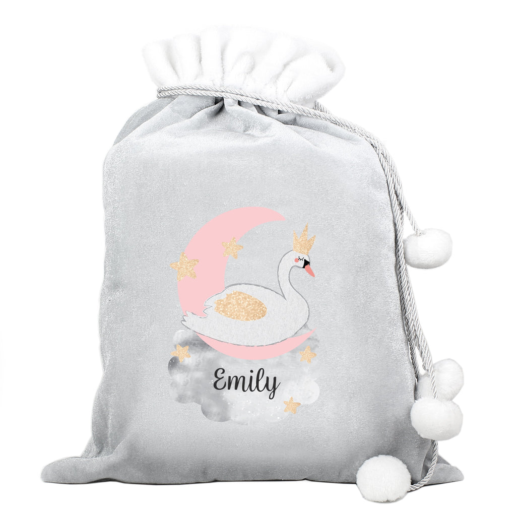 Personalised Swan Lake Luxury Silver Grey Pom Pom Children's Christmas Sack